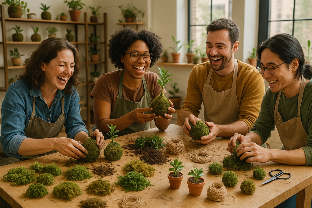 A kokadama workshop with co-workers having fun creating together